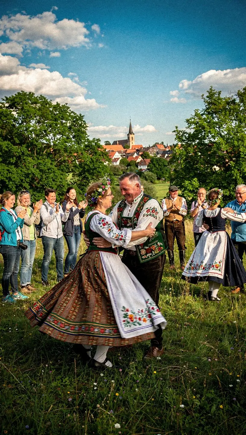Geführte Wandergruppe erkundet die malerische Landschaft rund um ein deutsches Kulturerbe-Dorf.